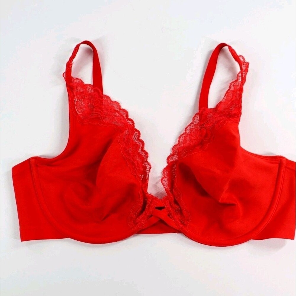 Soma Essentials Bra Size 36D Unlined Lace Trim Plunge Underwire UW Red EUC